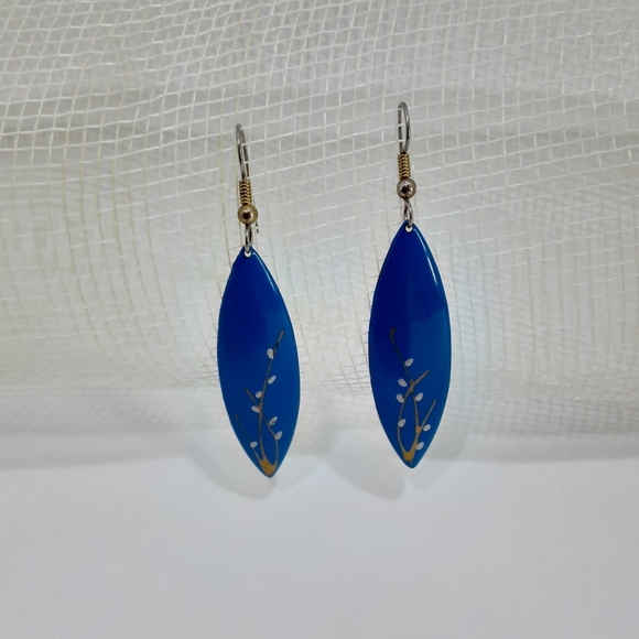 Blue Hand Painted Dangle Earrings 2" Long Gold Tone Hook Cottagecore - Picture 4 of 6